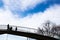 Silhouette of a family walking on overpass