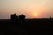 Silhouette of a farmer plows his field with a pair of Buffalo in preparation planting in India