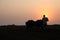 Silhouette of a farmer plows his field with a pair of Buffalo in preparation planting in India