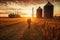 Silhouette of farmer walking in milky yard farm at golden sunset