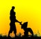 Silhouette of a father with a baby stroller carrying a child on