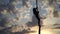 Silhouette of Female circus artist going up by red aerial silk on the sunset sky background in slow motion. Concept of