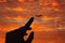 Silhouette of a female finger trying to touch a flying airplane in the sky. Concept