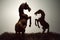 Silhouette fighting horses in grass filed, the wood horse sculpture on white background