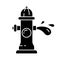 Silhouette fire hydrant with water stream. Outline icon of fireplug, splash of aqua. Cartoon black illustration of street pipe