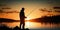 Silhouette of a fisherman fishing at sunset near the river. Generative ai