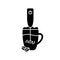 Silhouette foam maker whips milk froth for coffee drink. Handheld electric frother, glass cup, beans. Outline portable kitchen