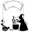 Silhouette frame a witch preparing potion in the magic cauldron.