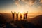 Silhouette of friends cheering on top of mountain