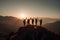 Silhouette of friends cheering on top of mountain