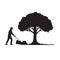 Silhouette of a Gardener with Lawnmower or Lawn Mower Mowing Grass Lawn with Oak Tree Stencil Illustration