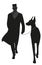 Silhouette of gentleman wearing top hat, and retro style clothes, walking a big dog