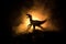 Silhouette of giant Dinosaur in dark foggy night. Creative decoration with little miniature. Burning misty background