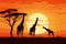Silhouette of giraffe in savanna at sunset vector illustration, Giraffe Silhouette - African Wildlife Background - Beauty in Color