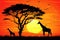 Silhouette of giraffes in savanna at sunset, vector illustration, Giraffe Silhouette - African Wildlife Background - Beauty in