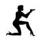 Silhouette girl in an action movie film shootout pose with a gun sit. Silhouette Woman, lady illustration of spy. Person a