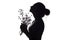 Silhouette of a girl with a bouquet of dried flowers, face profile of a dreamy woman looking upwards on a white isolated backgroun