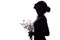 Silhouette of a girl with a bouquet of dry dandelions looking up, the face profile of a young woman on a white isolated background