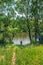 Silhouette of a girl descending from a hill to the river.