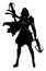 The silhouette of a girl in a hood with two small crossbows in her hands, in a ragged cloak and armor elements on her chest and sh