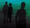 Silhouette of a girl and a man and a woman on a blue and green textured background. Contrast. Family conflict. Treason