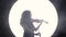 Silhouette of a girl-musician. The violinist plays the violin in smoke against a white circle.