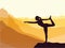 Silhouette of girl practising yoga. Mountains in the background. Sunrise, yoga sun salutation.