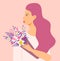 Silhouette girl profile concept vector. Woman with long hair and holding a bouquet of tropical flowers. Love yourself illustration