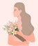 Silhouette girl profile concept vector. Woman with long hair and holding a bouquet of tropical flowers. Love yourself illustration