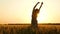 Silhouette of a girl at sunset. A young woman stands in the middle of a wheat field and raised her hands up, spinning in