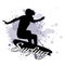 Silhouette of the girl of the surfer against the background of splashes in style grunge