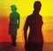 Silhouette of a girl and a woman on a multicolored textured background. Contrast. Family conflict