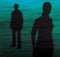 Silhouette of a girl and a young man on a blue and green textured background. Conflict, quarrel