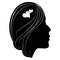 Silhouette of a girls head with classic long hair. Hairstyle decorated with hearts. Monochrome drawing, black woman