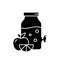 Silhouette Glass drink dispenser with tap, fruits. Outline icon of jar with juice, bubbles, apple, lemon. Black illustration of