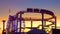 SILHOUETTE: Golden evening sunbeams illuminate rollercoaster and ferris wheel.