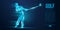 Silhouette of a golf player, golfer from particles on blue background. Low poly neon wire outline geometric. Vector