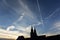 Silhouette of a gothic cathedral on a background of morning blue sky.