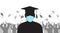 Silhouette of graduate in medical protective mask on background of cheerful group people throwing mortarboard. Graduation ceremony