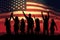 Silhouette of a group of children on the background of the American flag, Silhouette of Guys and girls waving American flags, AI