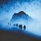 A silhouette of group hikers hiking in dold blue winter