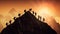 Silhouette of group of hikers on mountain at night