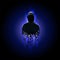 Silhouette of a hacker in a hood with binary code on a luminous dark blue background, theft of data