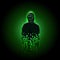 Silhouette of a hacker in a hood with binary code on a luminous green background