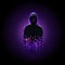 Silhouette of a hacker in a hood with binary code on a luminous purple background, hacking of a computer system