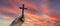 Silhouette hand holding wood cross against sunrise background, open palm up worship, pray for blessings from God. Christian
