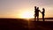 Silhouette, happy child with mother and father, family at sunset, summertime. Run, raising baby up in the air, hugs, love, playing