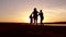 Silhouette, happy child with mother and father, family at sunset, summertime. Run, raising baby up in the air, hugs, love, playing