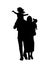 Silhouette happy family father carries daughter on shoulders and mother son in arms