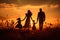 Silhouette of a happy family at sunset in the meadow, Silhouette of young couple hiker were standing at the top of the mountain